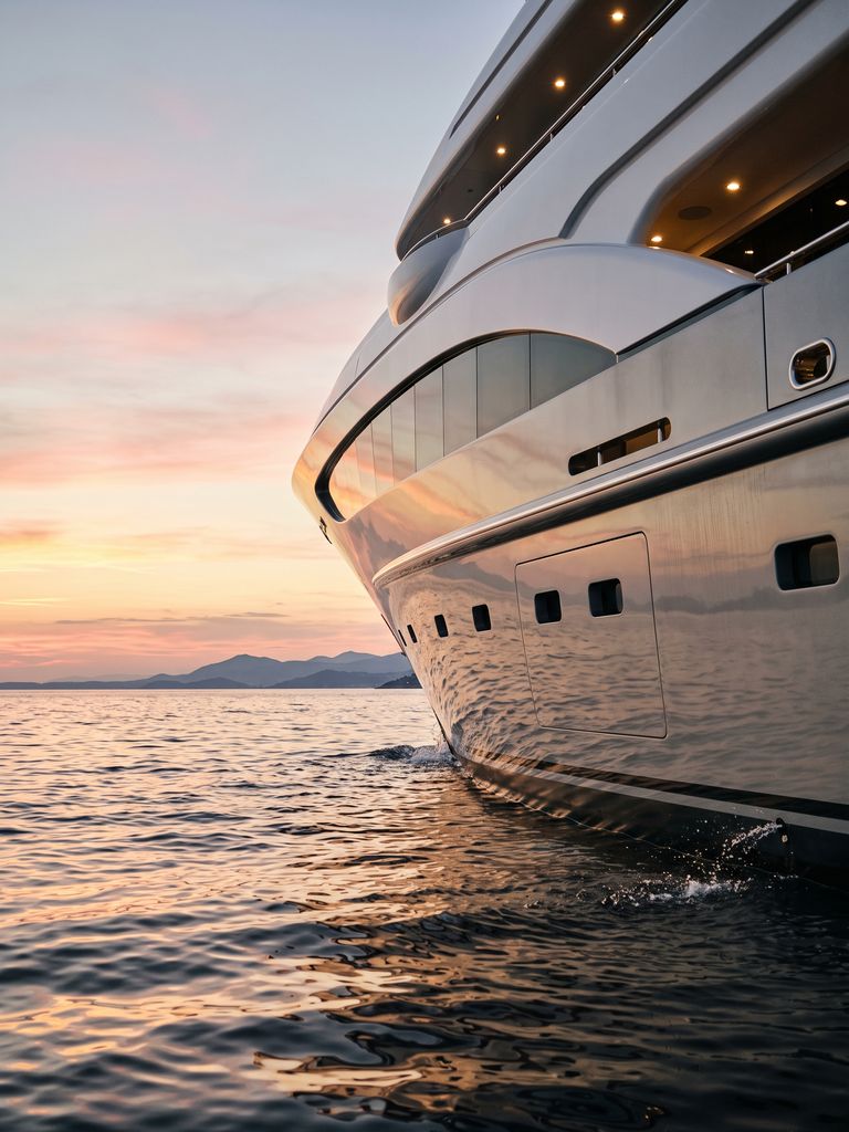 Superyacht bow moving through calm water at sunset