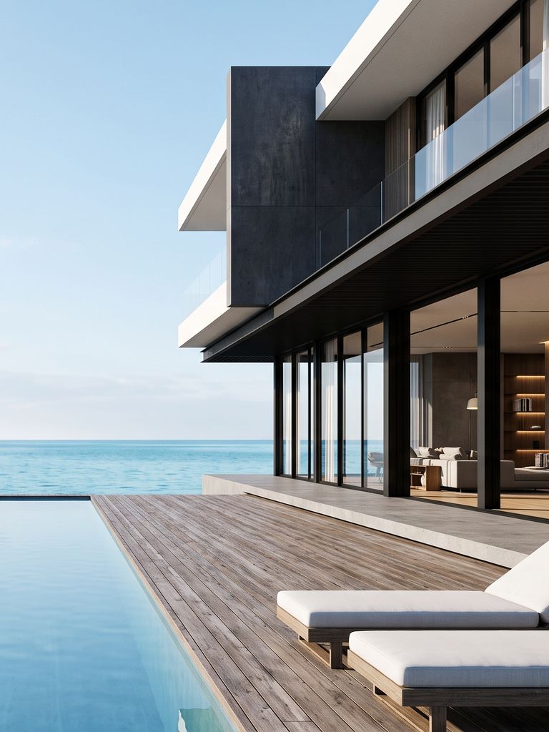 Modern waterfront villa with infinity pool over the sea