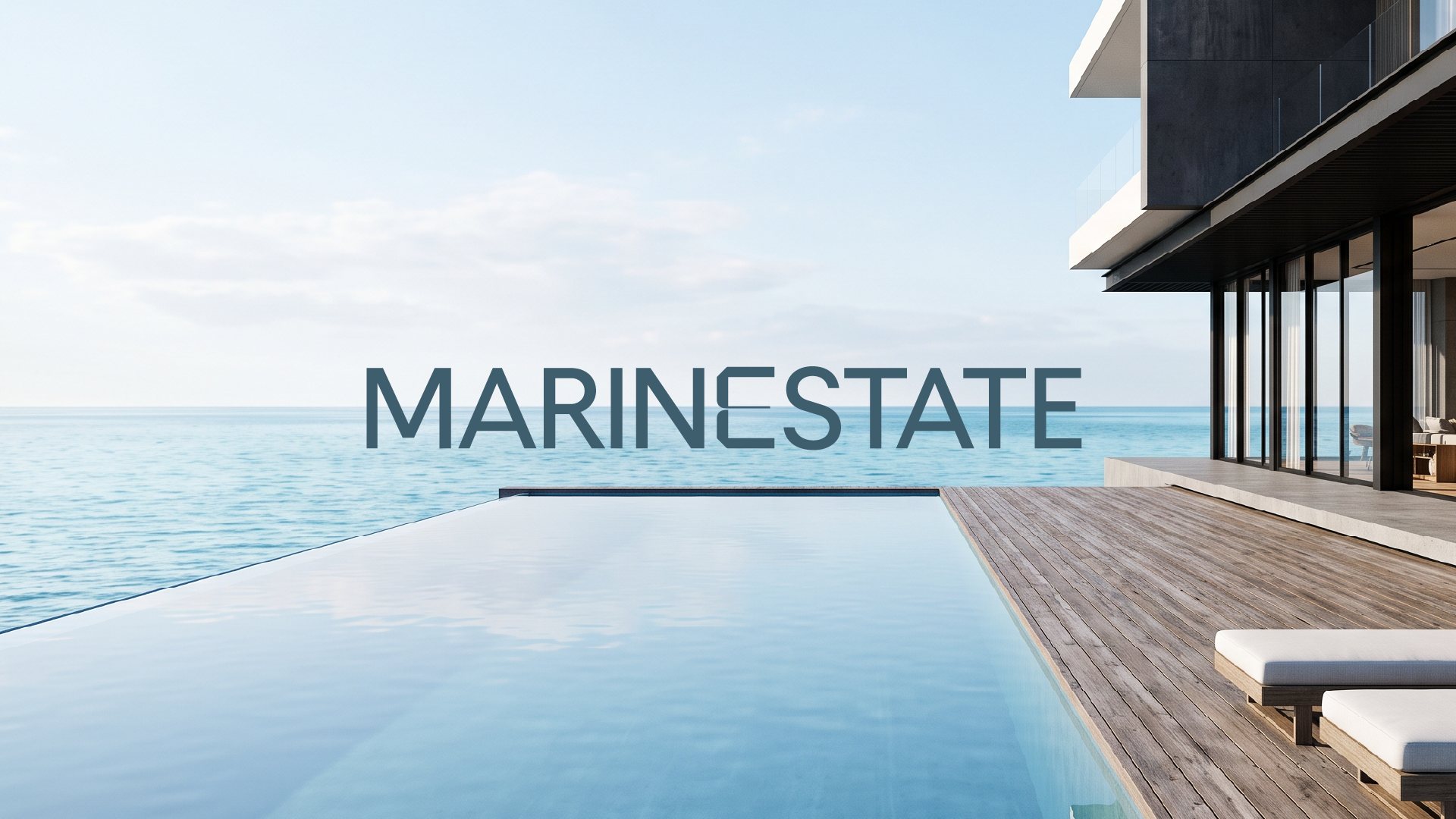 Infinity pool and modern villa looking out over a calm sea, with the Marinestate wordmark on the horizon
