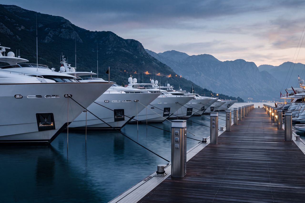Superyacht berths lining a marina pontoon