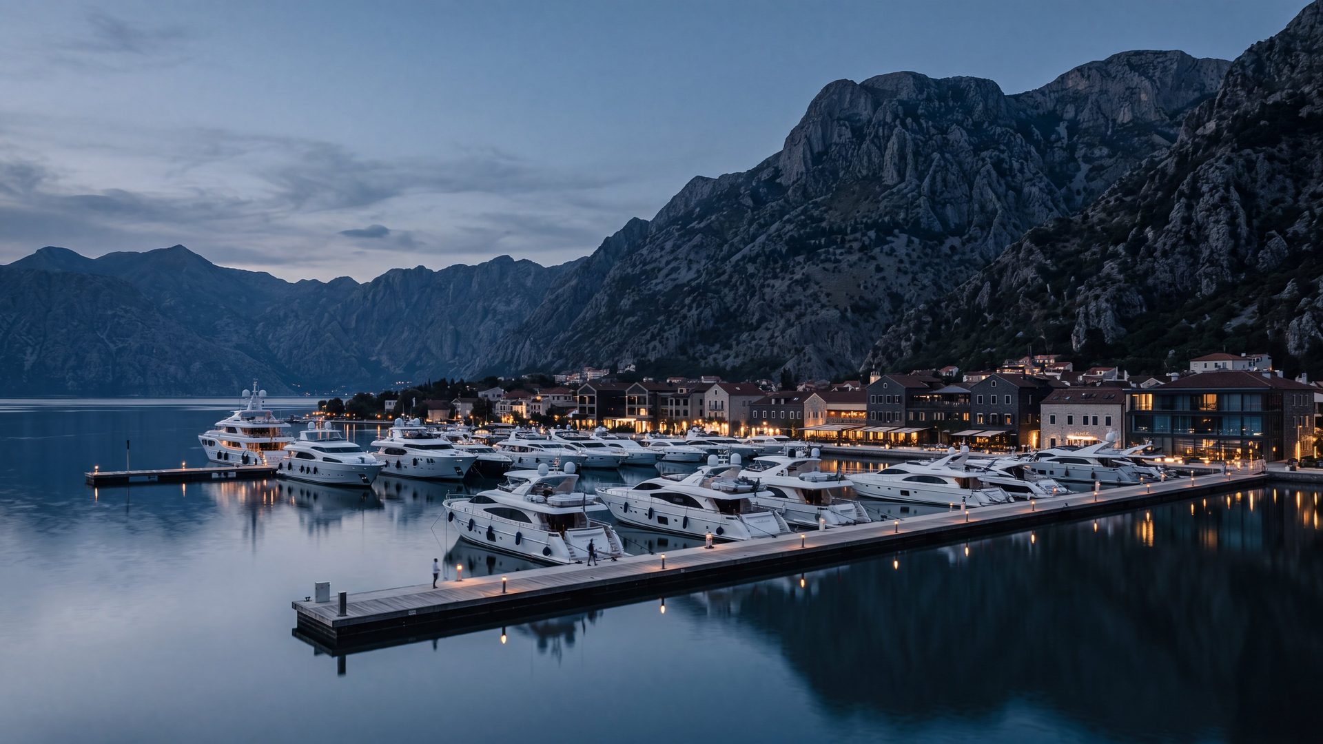 Marina estate on a mountain-ringed bay at dusk