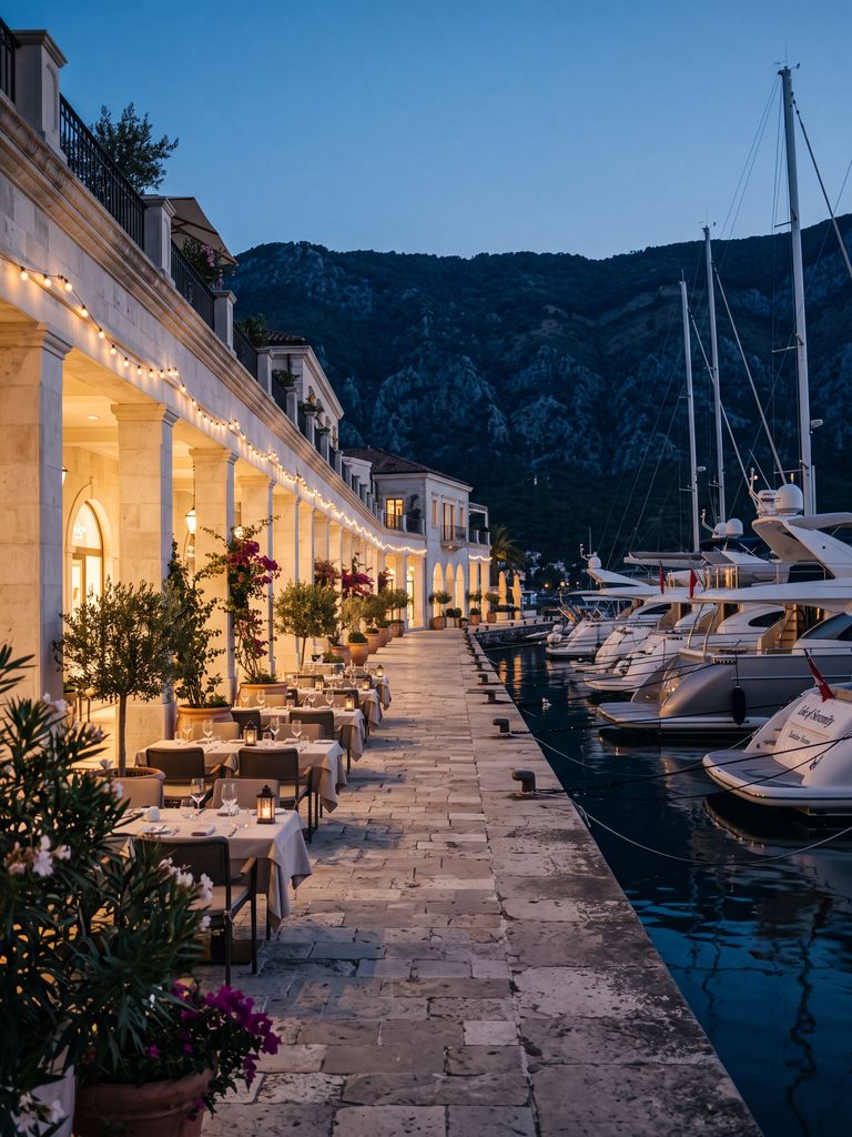 Waterfront promenade beside a marina at dusk
