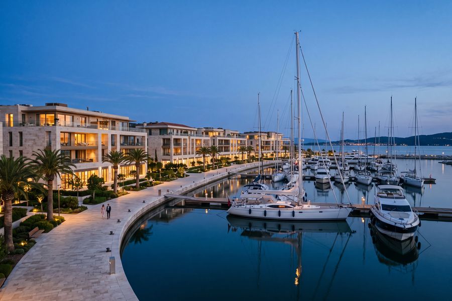 Contemporary waterfront development beside a marina at dusk