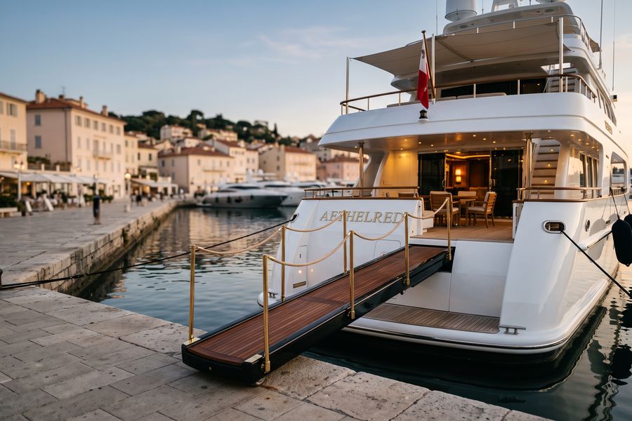 Superyacht moored on a Riviera quay in golden light