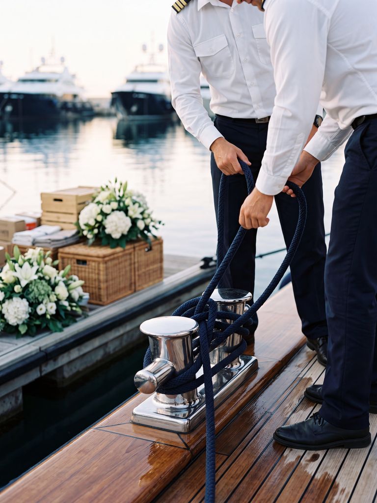 Mooring line and cleat on a polished teak deck at first light