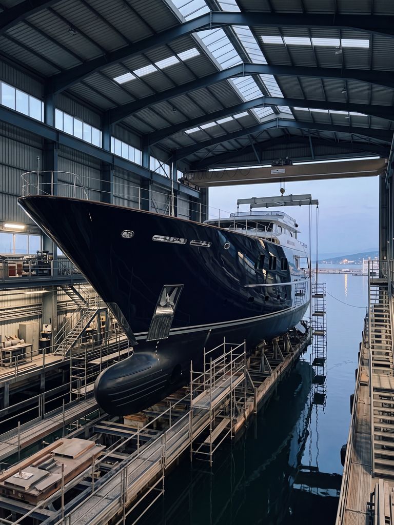 Sculpted staircase between the decks of a navy-hulled superyacht