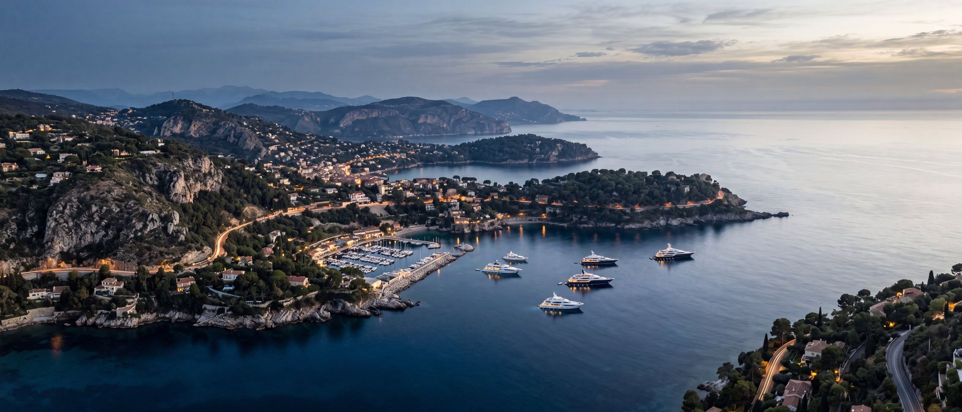 Côte d'Azur coastline at dusk